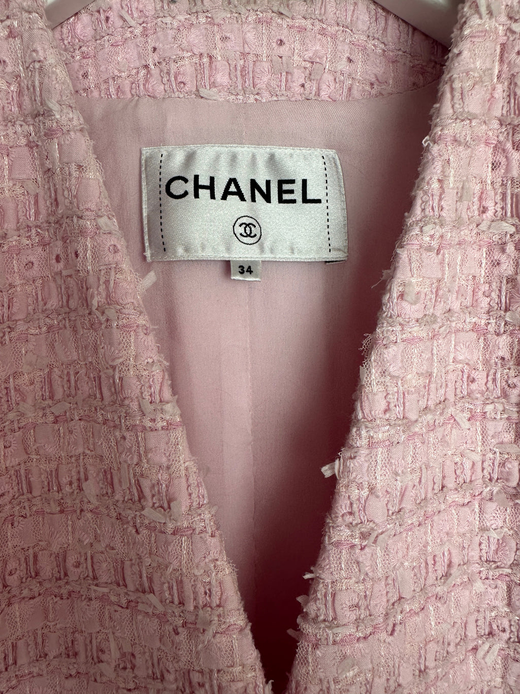 *HOT* Chanel 24S Pink Tweed Long Sleeve A-Line Asymmetric Mini Dress with Silver and Pink Logo Button Details Detail FR 34 (UK 6) RRP £11,650