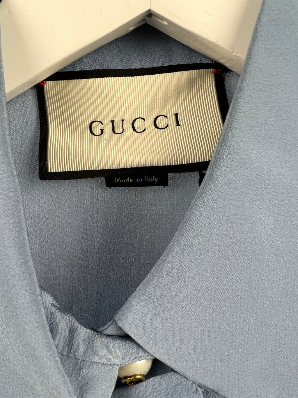 Gucci Blue Silk Ruffle Blouse with Pearl Buttons Size