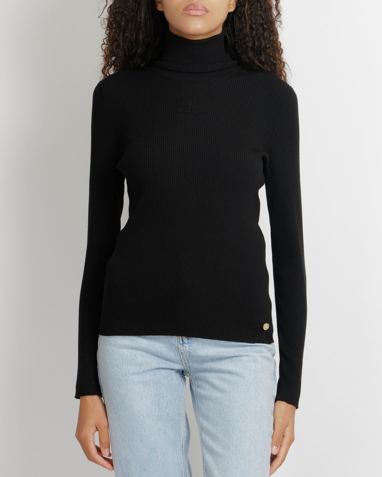 Chanel Black Wool Ribbed High-Neck Jumper with CC Logo Embroidery and Champagne Gold CC Logo Button Detail Size FR 40 (UK 12)