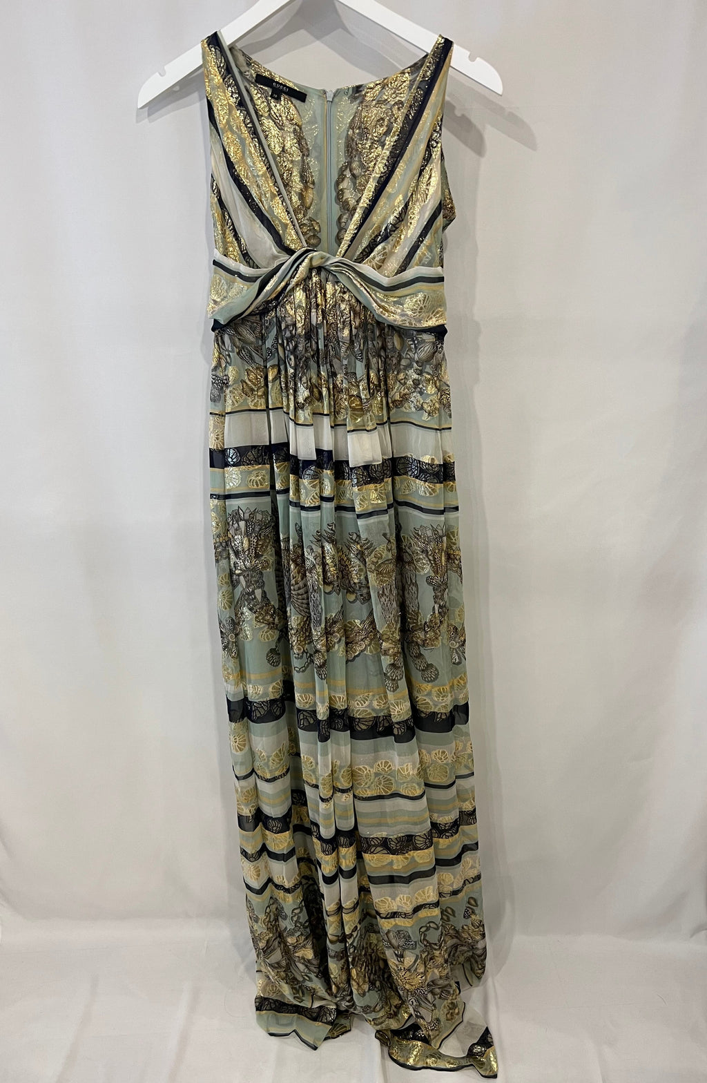 Gucci Pastel Green Printed Long Silk Dress with Gold Embellishments Size IT 38 (UK 6)