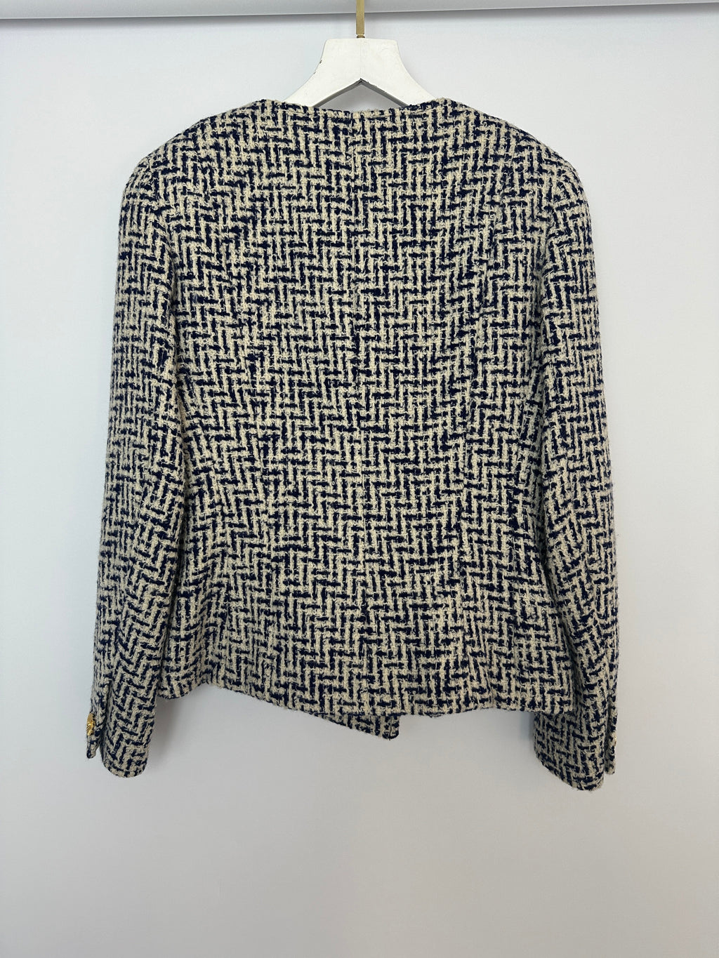 Chanel White and Navy Tweed Double Breasted Jacket with Gold Flower Button Detail FR 36 - 38 (UK 8 - 10)