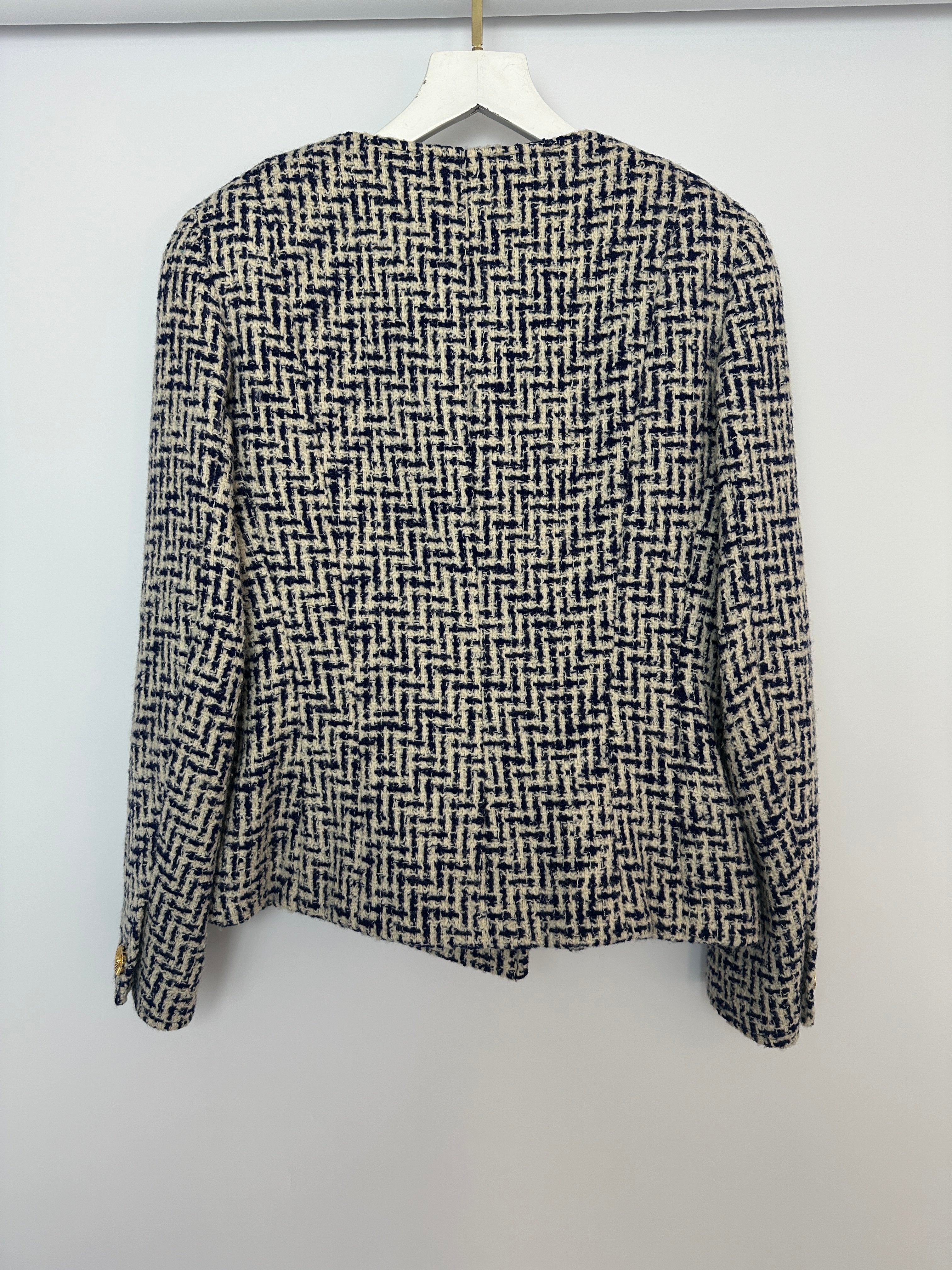 Chanel White and Navy Tweed Double Breasted Jacket with Gold Flower Button Detail FR 36 - 38 (UK 8 - 10)