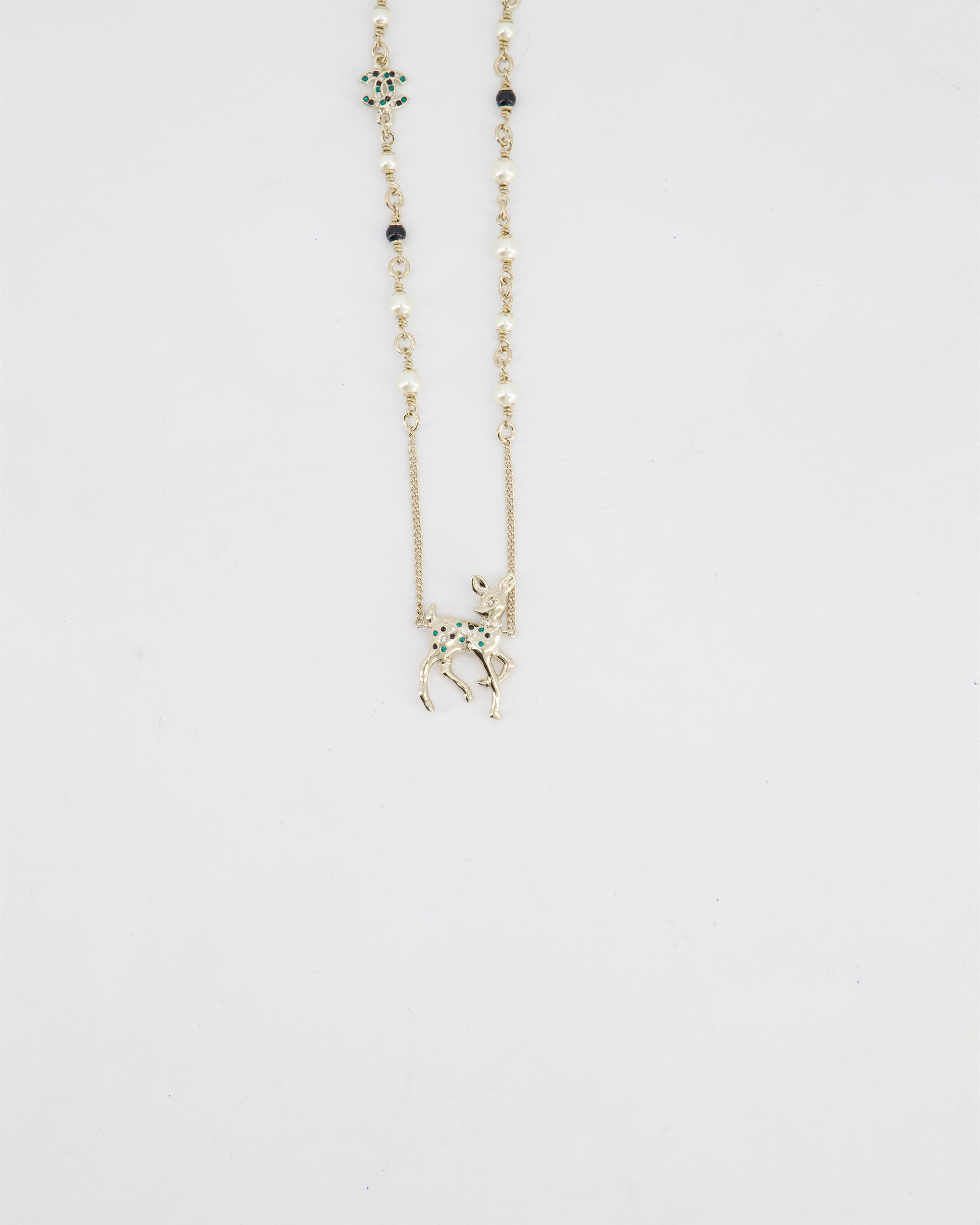 Chanel Champagne Gold CC Pearl Necklace with Bambi Pendant