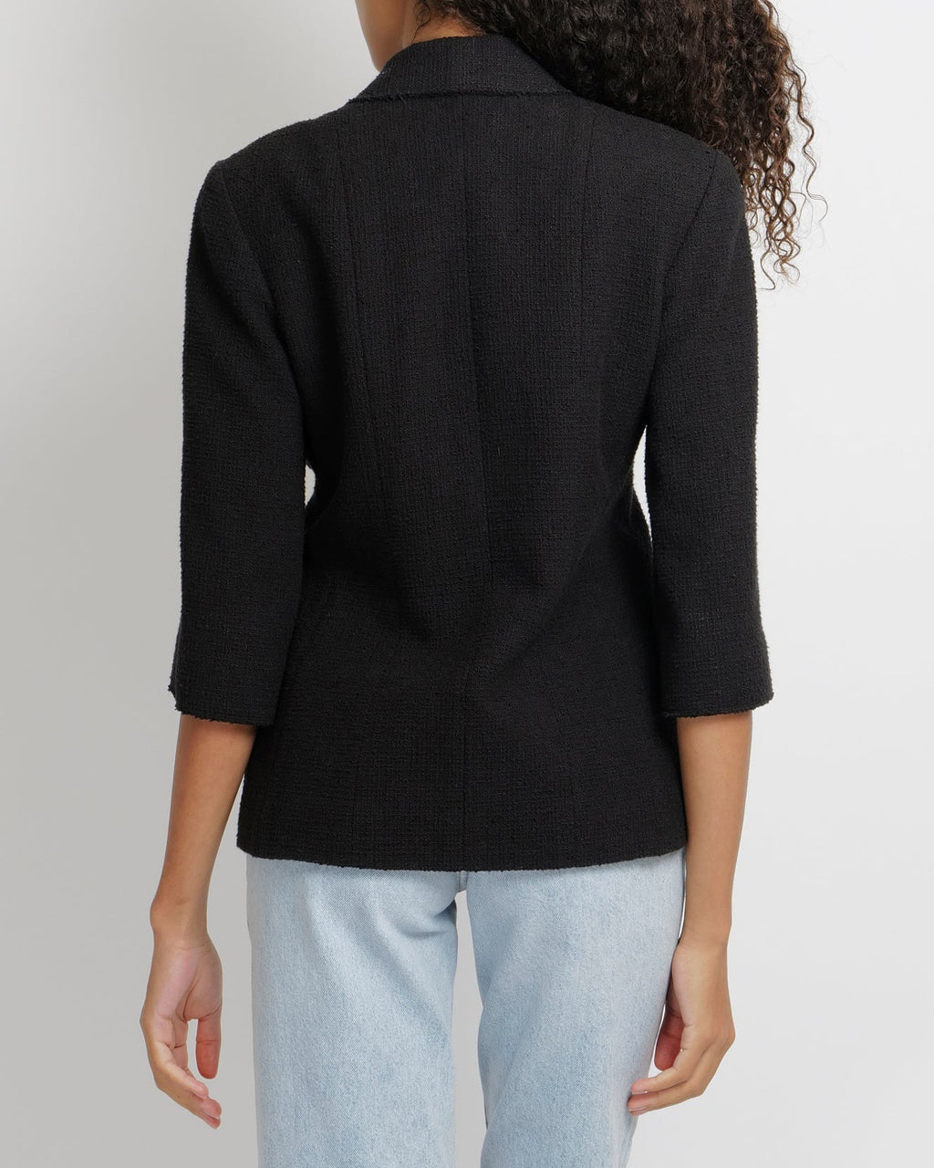 Chanel 12P Black Tweed Double-Breasted Jacket with Silver Front Pocket Patch CC Logo Embroidery and Silver Textured CC Logo Buttons Size FR 38 (UK 10)