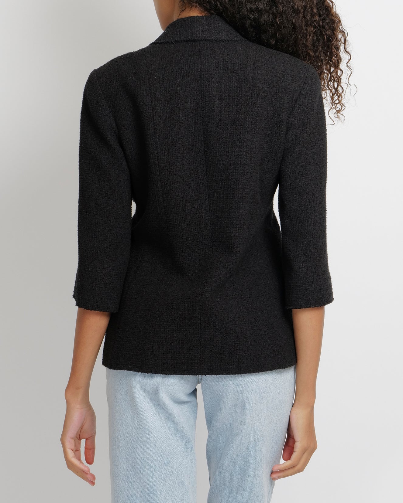 Chanel 12P Black Tweed Double-Breasted Jacket with Silver Front Pocket Patch CC Logo Embroidery and Silver Textured CC Logo Buttons Size FR 38 (UK 10)