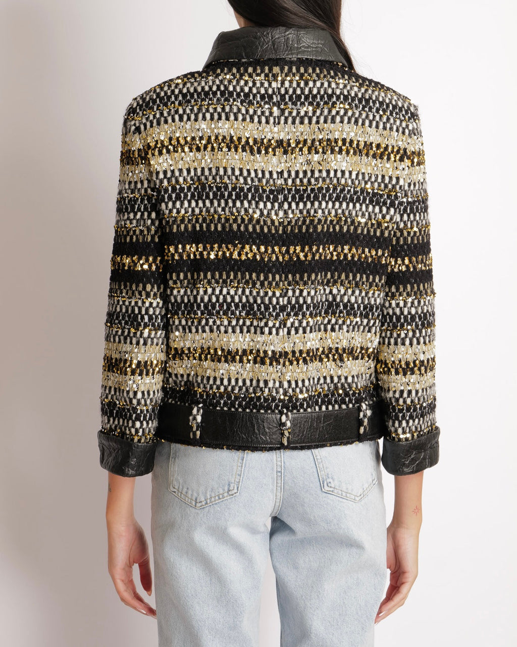 Chanel Métiers d'Art 2019 Black, White and Gold Tweed Jacket with Gold Sequin Embellishments and Leather Belt Detail with Black and Gold CC Logo Buttons Size FR 38 (UK 10)