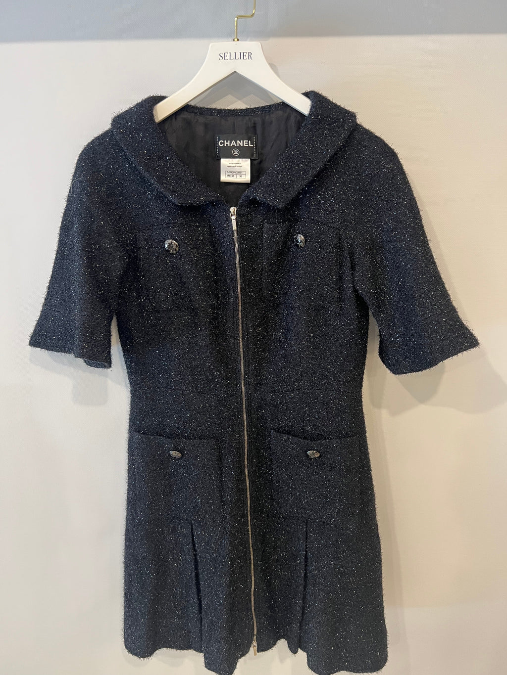 Chanel Black Shimmery Mini Dress with Silver Zip and Globe CC Buttons Detail Size FR 36 (UK 8)