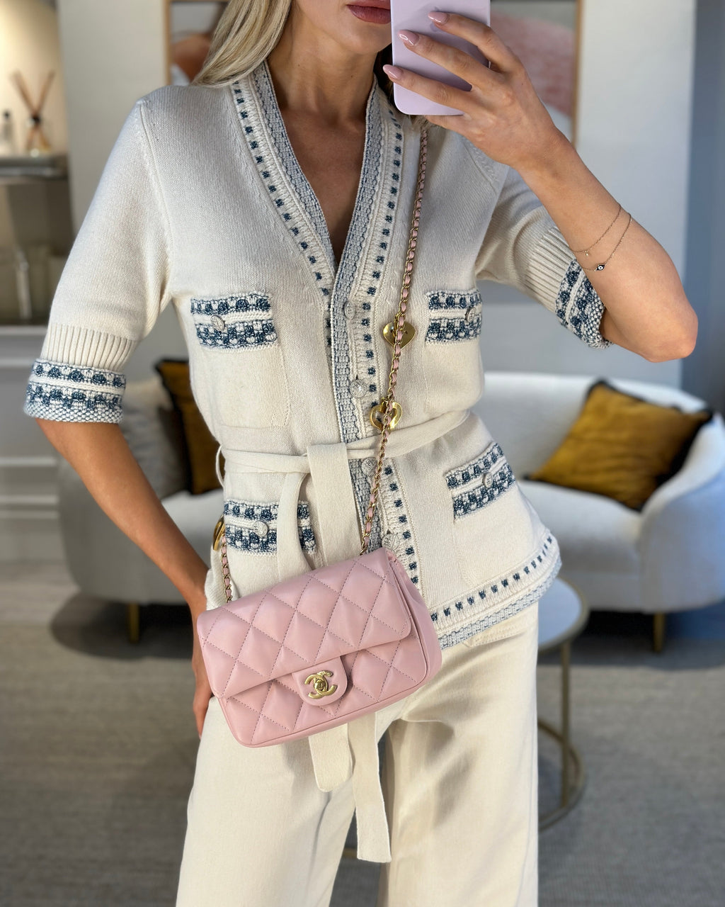 Chanel Pink 22B Mini Flap Bag in Lambskin Leather with Gold Hardware and Hearts Chain Detail