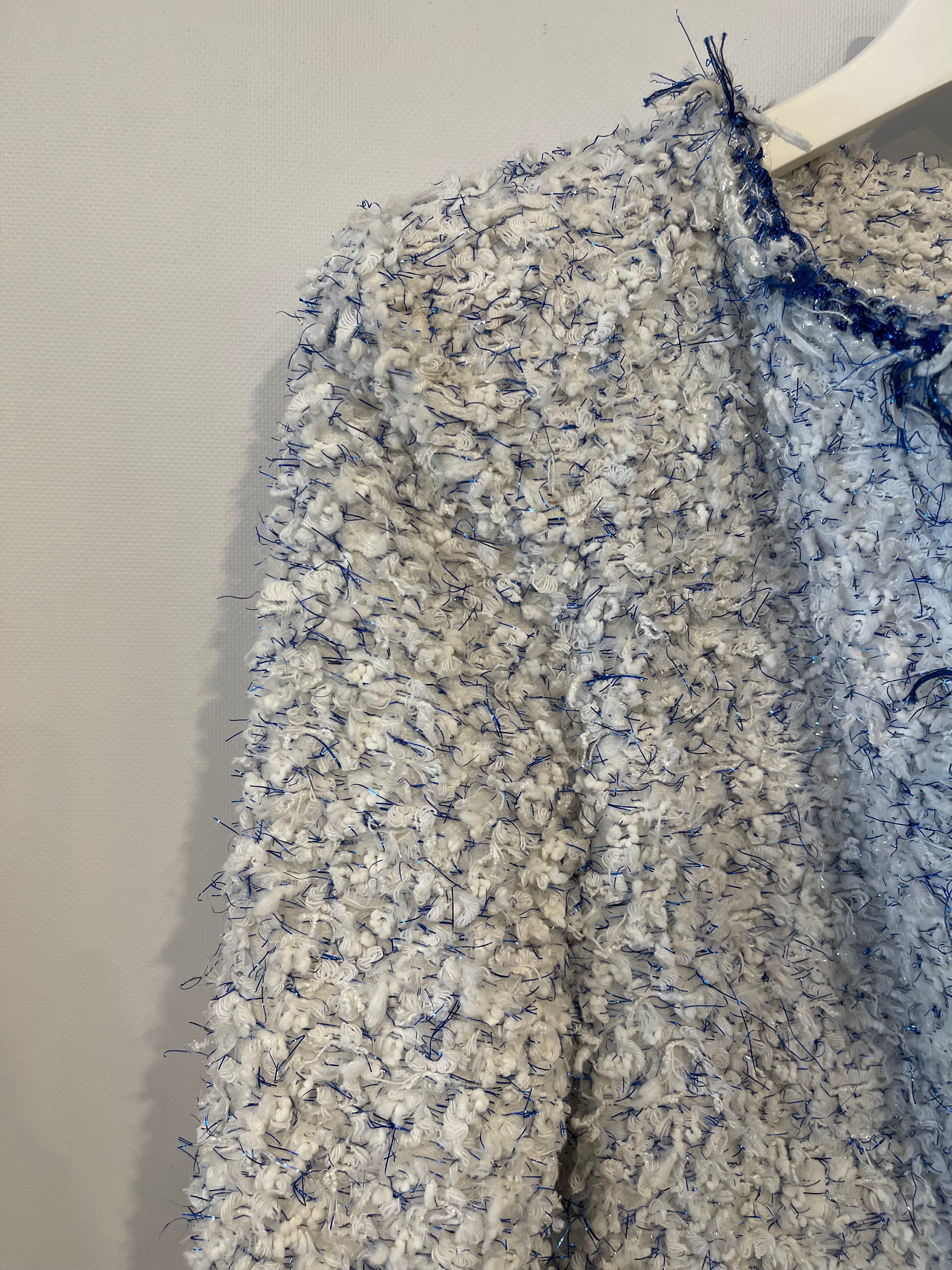 Chanel SS18 White and Blue Fantasy Tweed Jacket with Silver CC Logo Button Detail Size FR 38 (UK 10) RRP £5,100