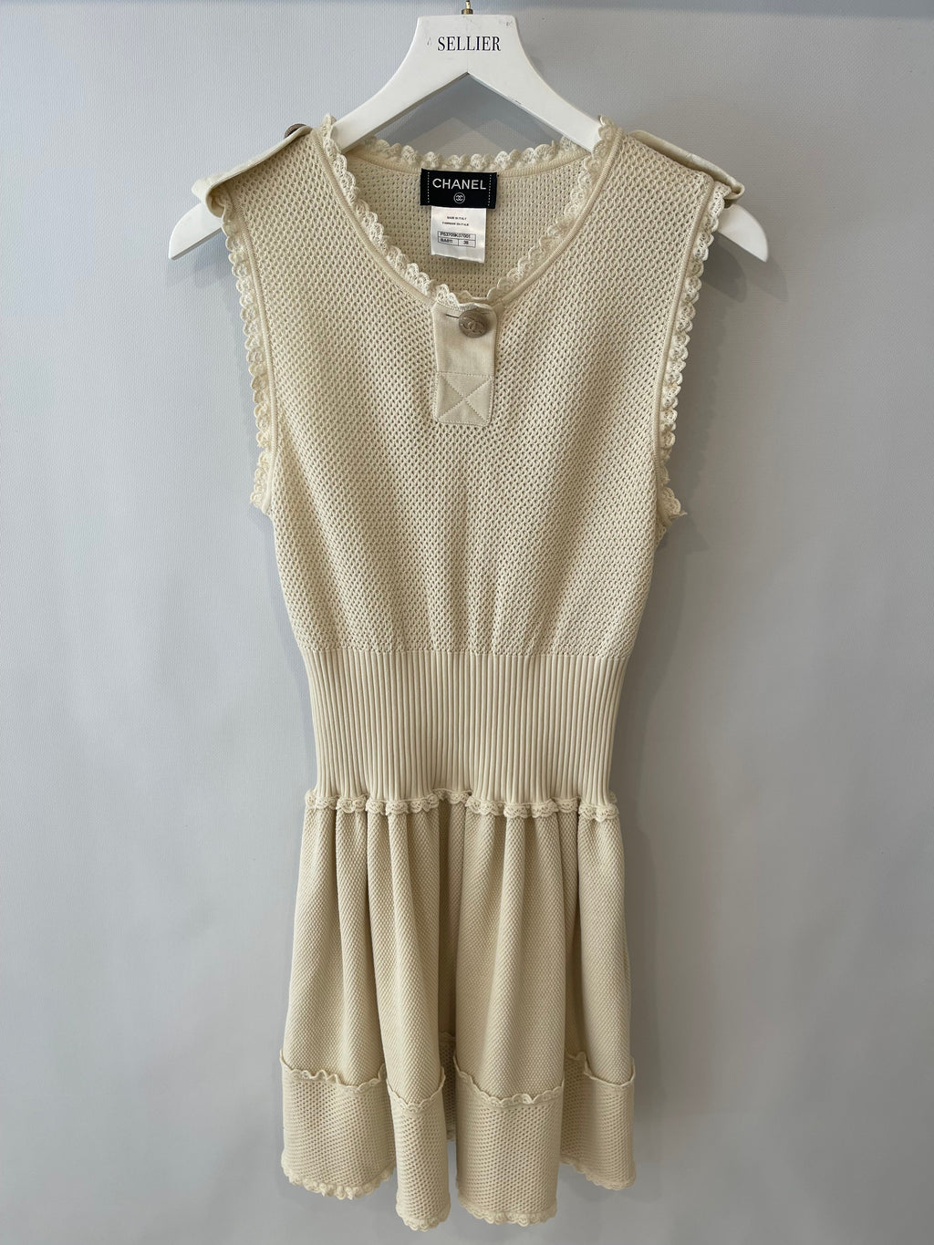 Chanel Cream Knit Sleeveless Mini Dress with Gold CC Logo Detail Size FR 38 (UK 10)
