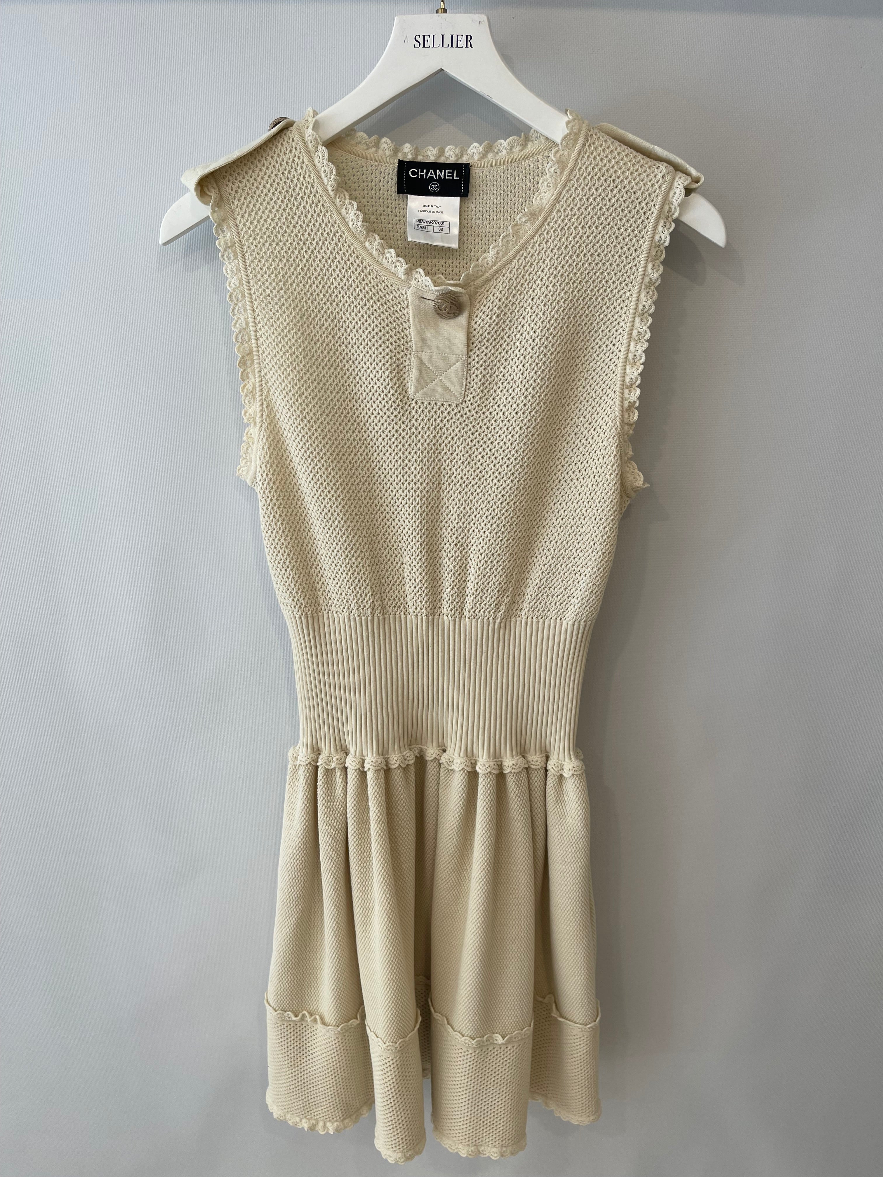 Chanel Cream Knit Sleeveless Mini Dress with Gold CC Logo Detail Size FR 38 (UK 10)