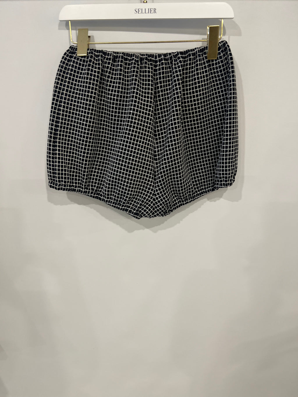 Chanel Black and White Checkered Micro Shorts with Silver Metallic Details and Silver CC Logo Buttons Size FR 36 (UK 8)