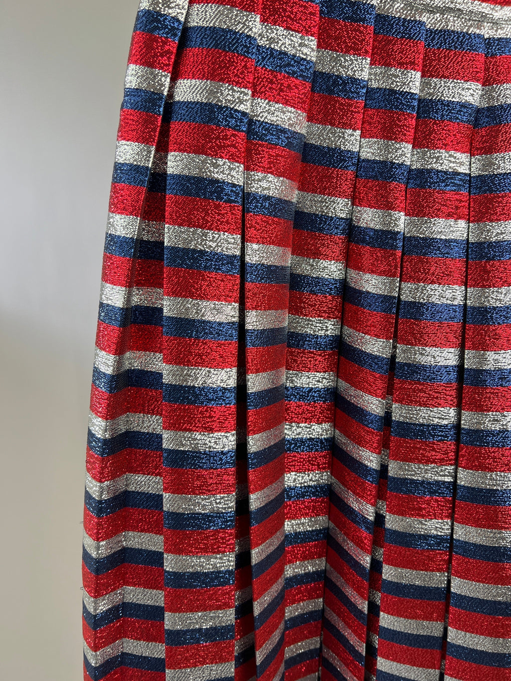 Gucci Metallic Red, Navy, Silver Stripe Pleated Midi Skirt Size IT 42 (UK 10)