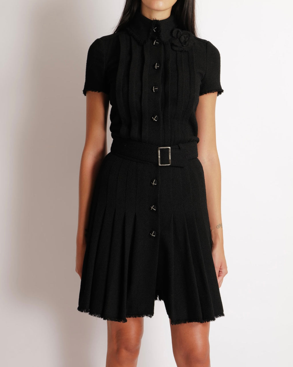 Chanel 07/AW Black Wool Belted Short-Sleeved Mini Dress with Black and Silver CC Logo Buttons and Frayed Trims Detail Size FR 34 (UK 6)