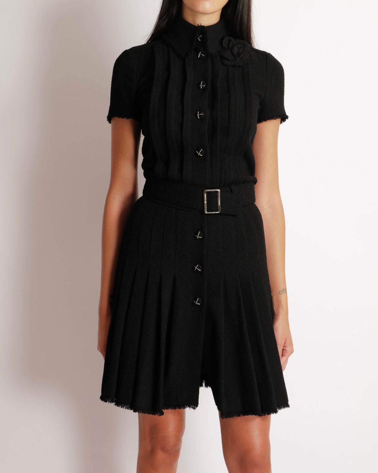Chanel 07/AW Black Wool Belted Short-Sleeved Mini Dress with Black and Silver CC Logo Buttons and Frayed Trims Detail Size FR 34 (UK 6)