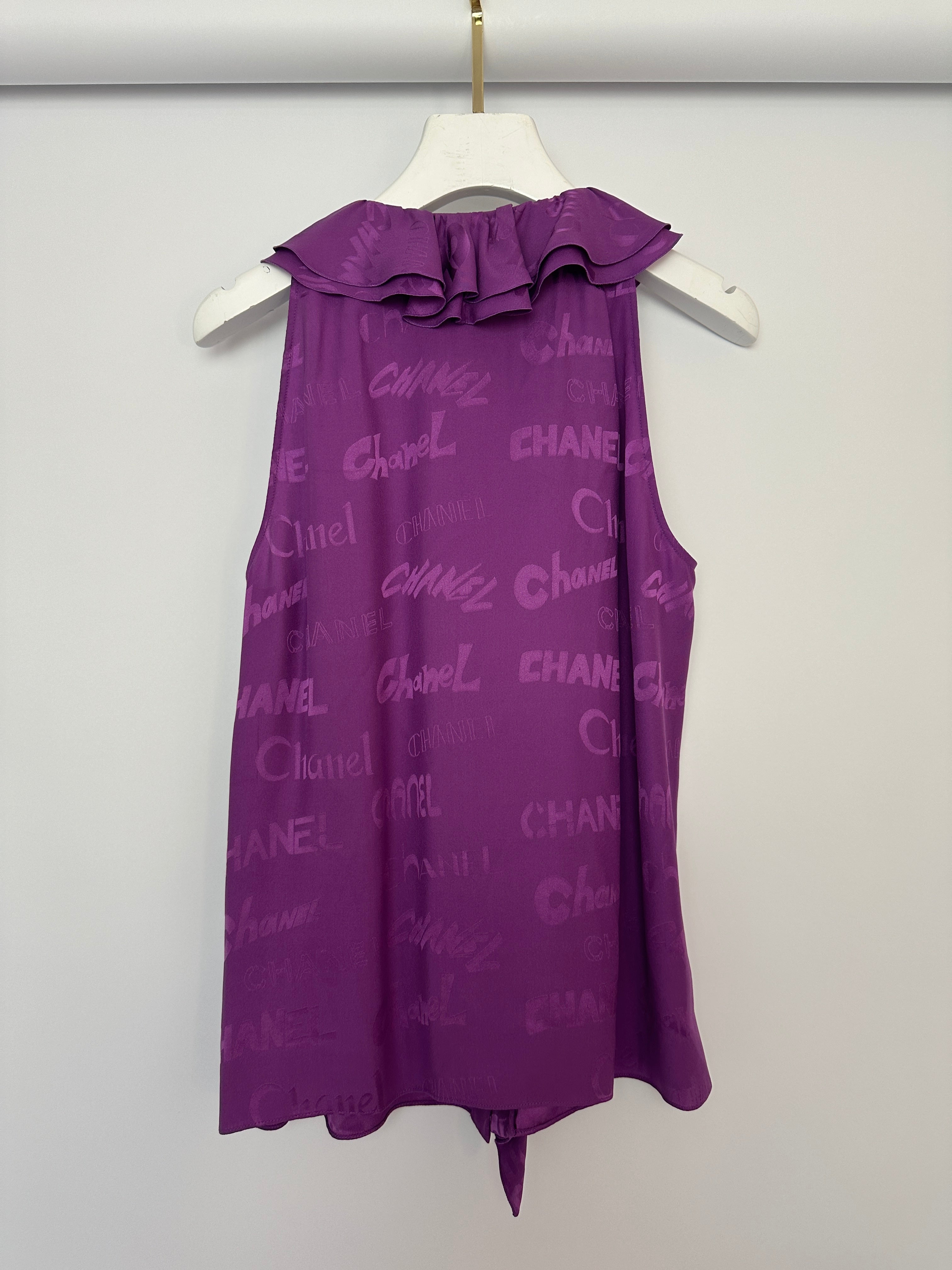 Chanel 22P Purple Silk Sleeveless Button Down Top with Ruffle Neckline and Logo Detail Size FR 38 (UK 10)
