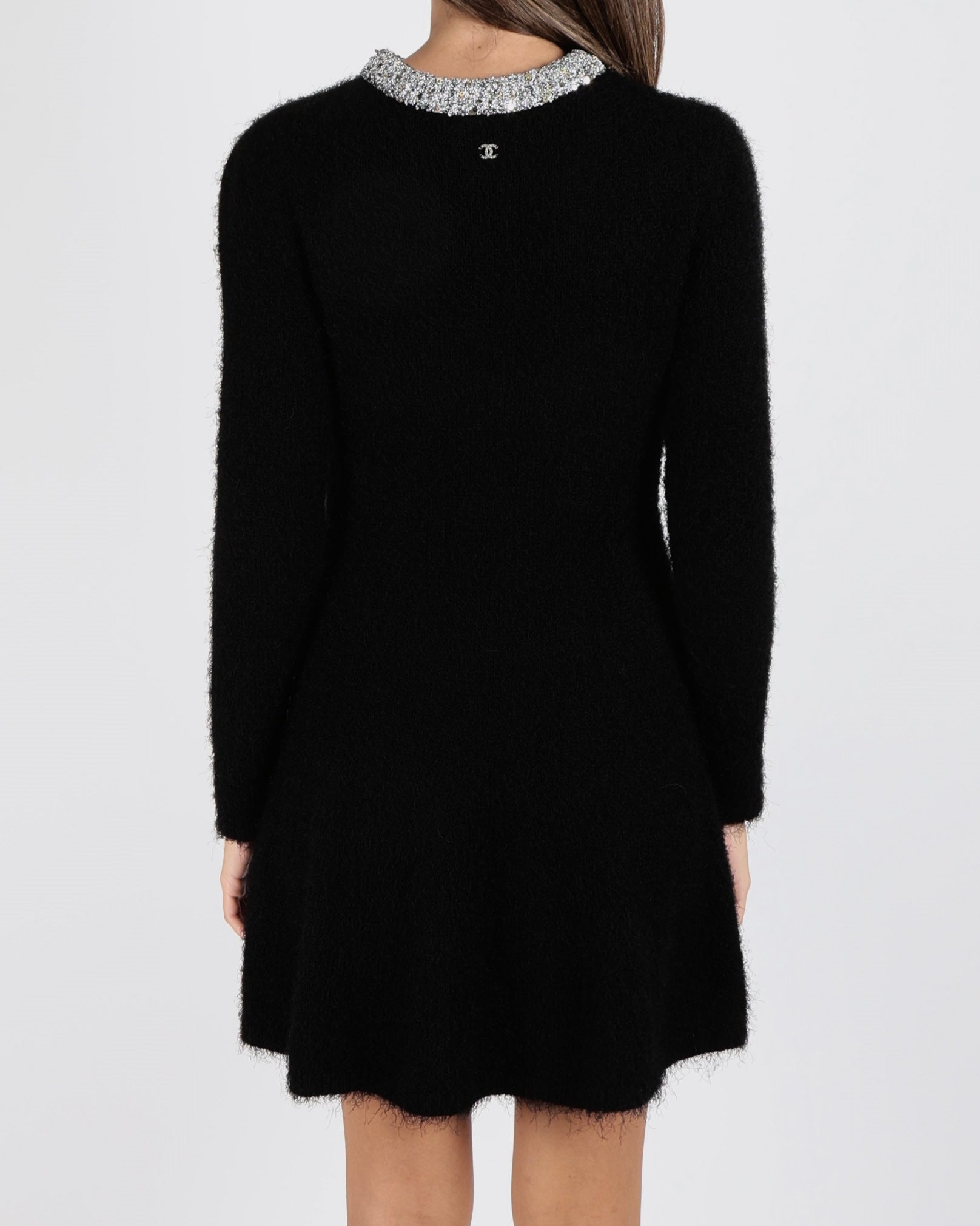 Chanel Black Silk and Cashmere Blend Long-Sleeved Mini Dress with Silver Sequin Embellished Neckline and Back Crystal CC Logo Size FR 38 (UK 10)