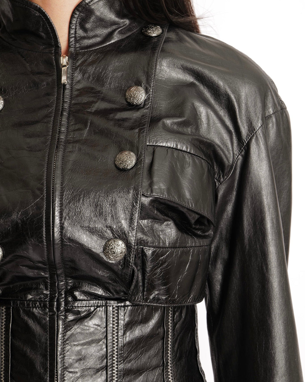 Chanel Fall 2014 Black Corseted Leather Jacket with Silver Zippers Stitch Details and Silver Textured CC Logo Buttons Size FR 36 (UK 8)