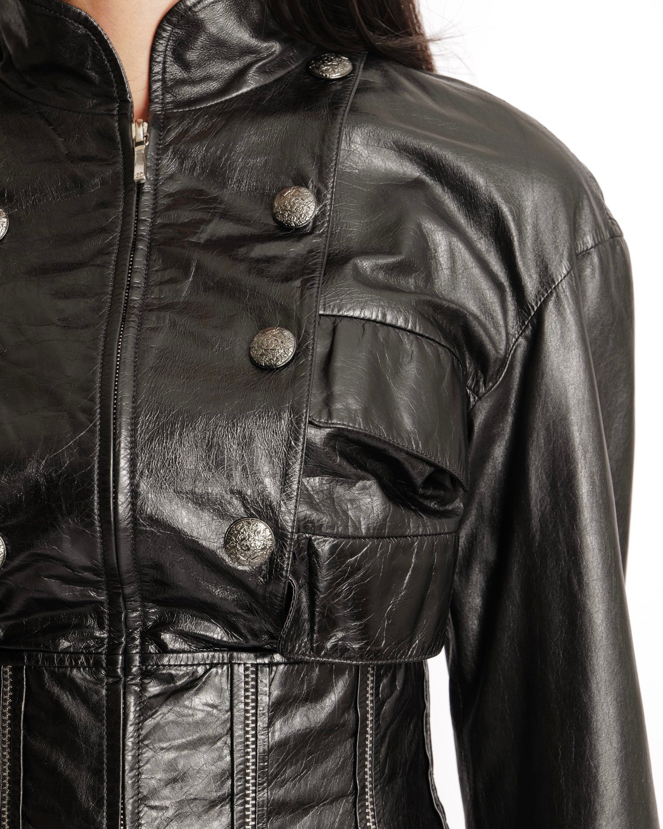 Chanel Fall 2014 Black Corseted Leather Jacket with Silver Zippers Stitch Details and Silver Textured CC Logo Buttons Size FR 36 (UK 8)