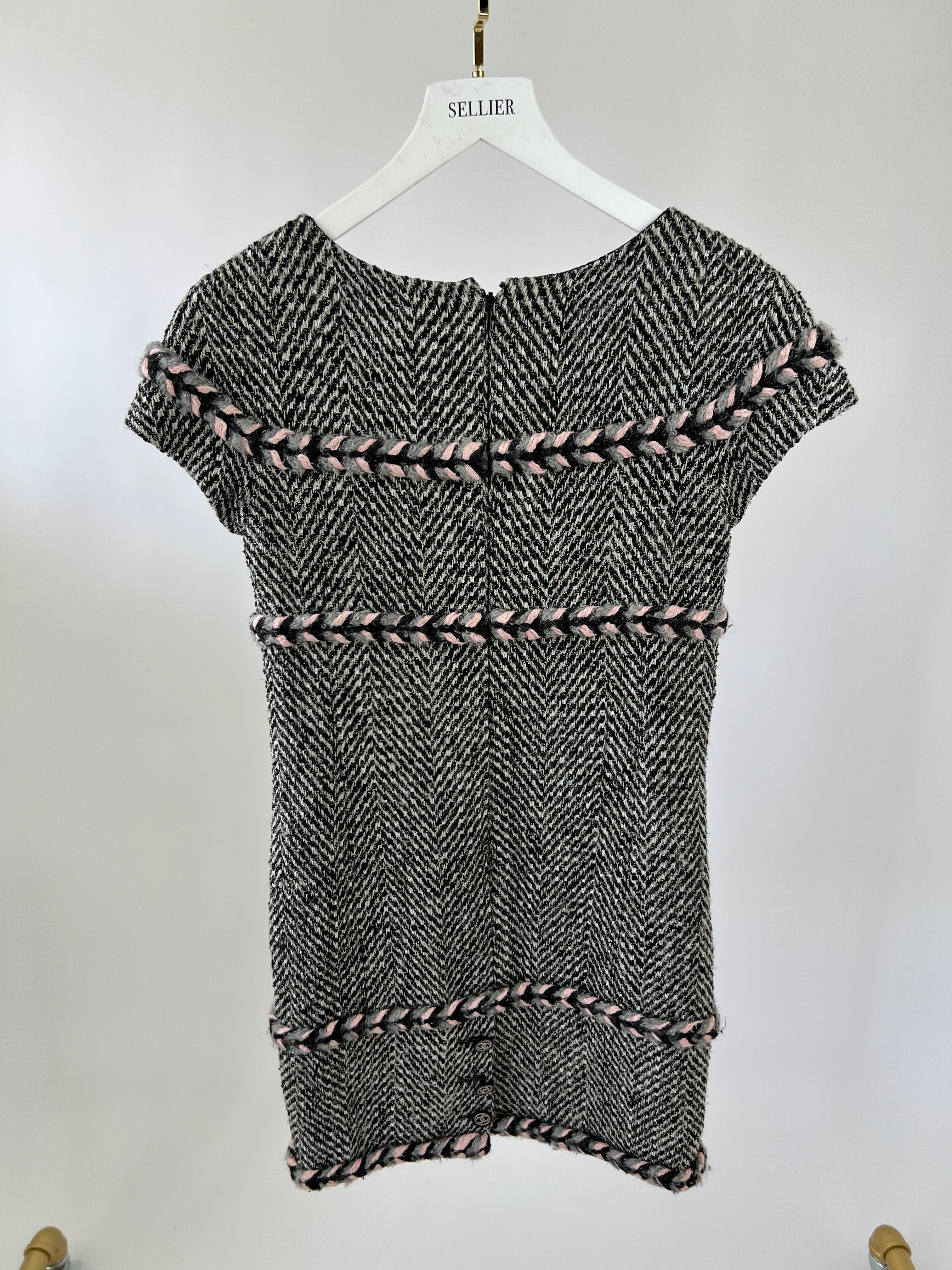 Chanel Grey, Pink Tweed Dress with Plated Trim Detail FR 34 (UK 6)