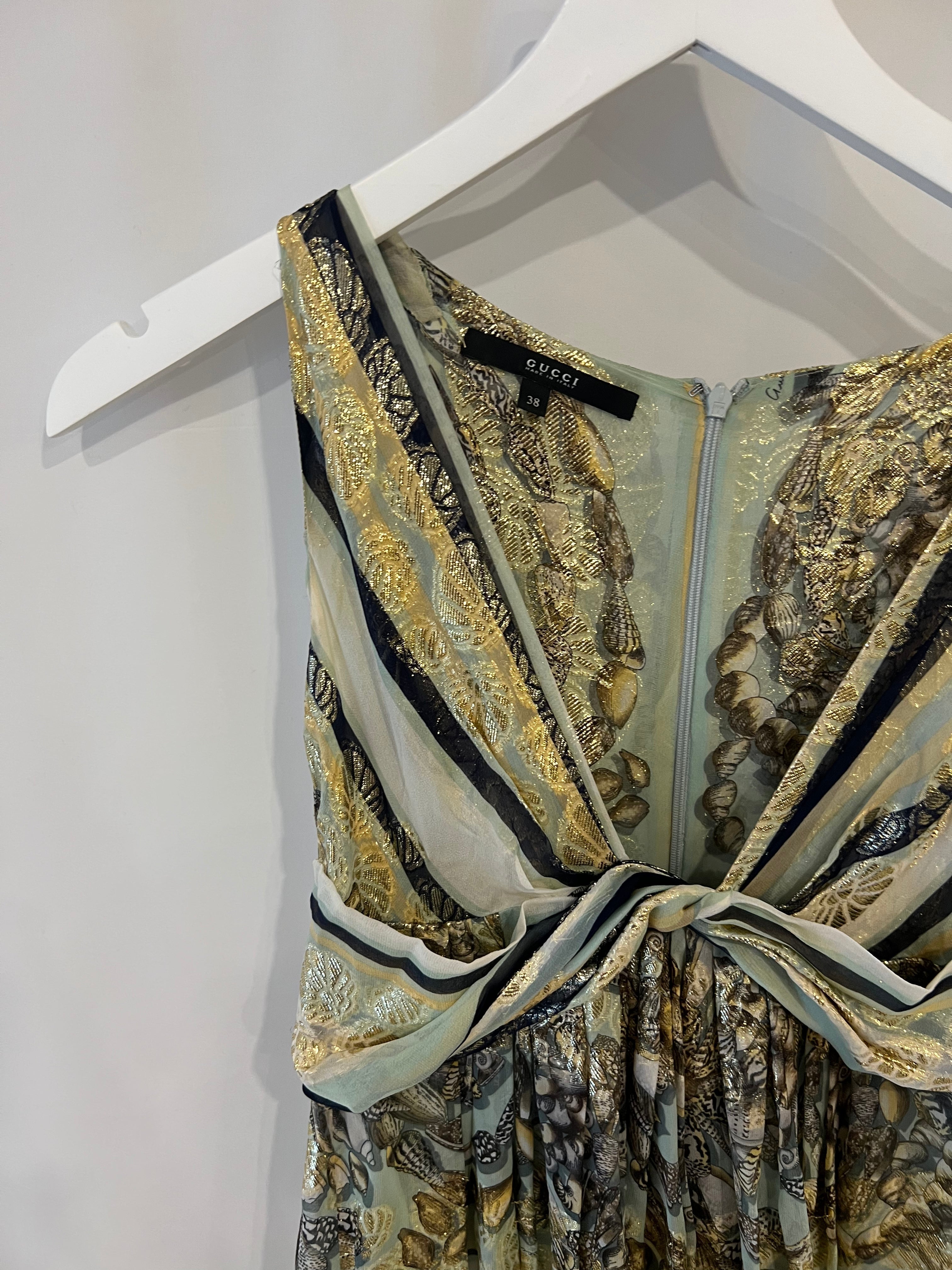 Gucci Pastel Green Printed Long Silk Dress with Gold Embellishments Size IT 38 (UK 6)