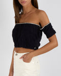Chanel Cruise 2021 Navy Knit Short-Sleeved Crop Top with Silver and White Leather Chain Trims and Silver CC Logo Button Detail Size FR 38 (UK 10)