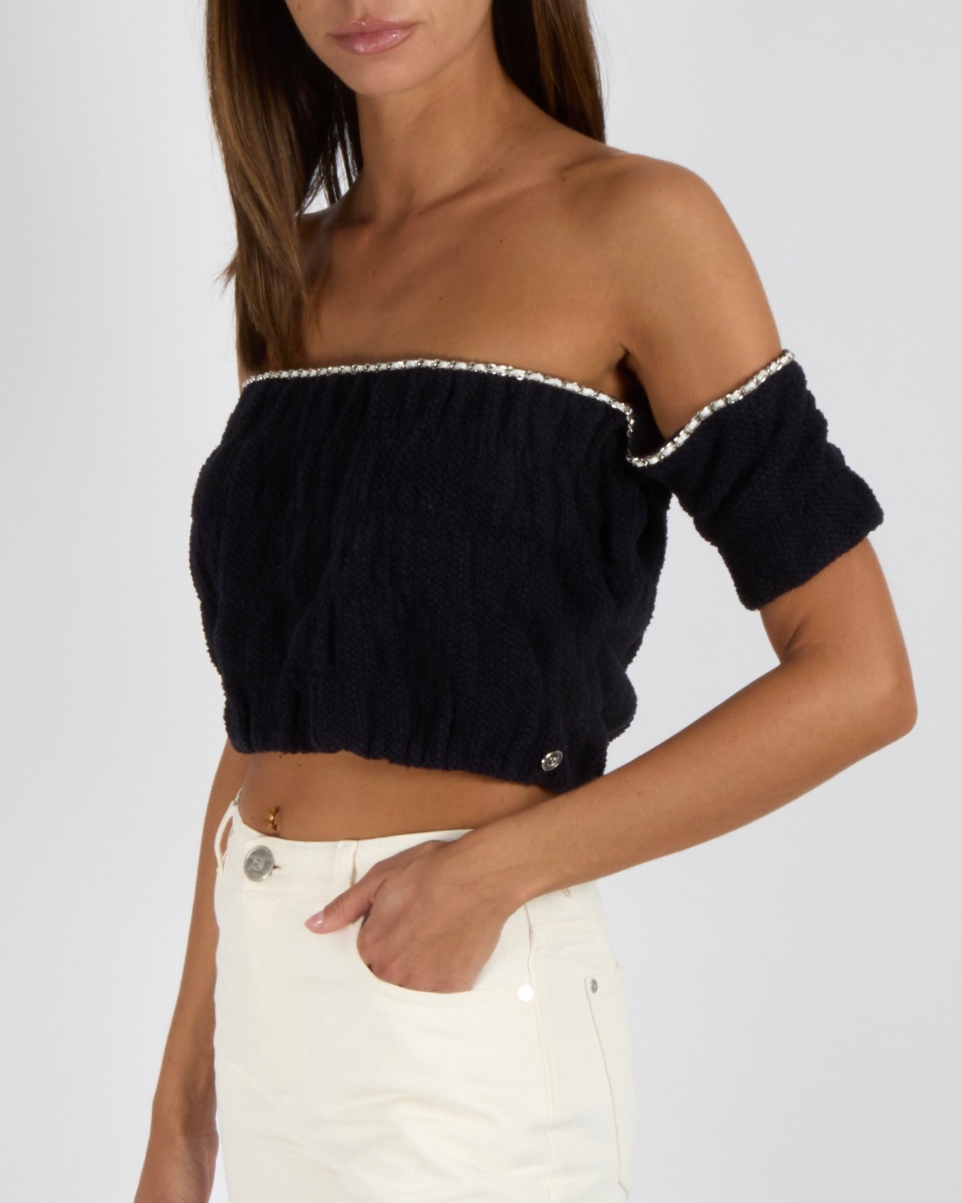 Chanel Cruise 2021 Navy Knit Short-Sleeved Crop Top with Silver and White Leather Chain Trims and Silver CC Logo Button Detail Size FR 38 (UK 10)