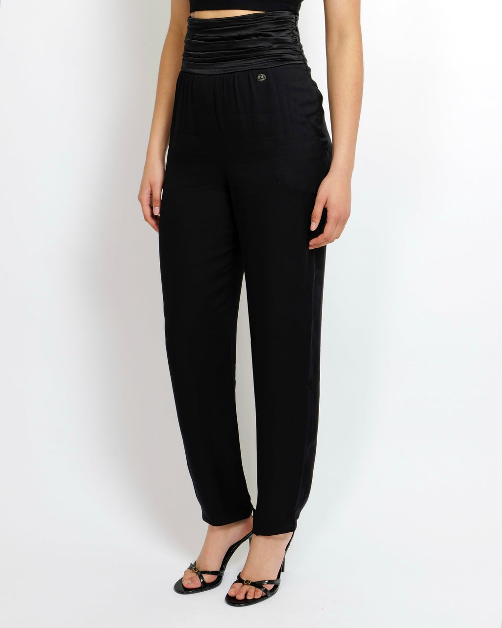 Chanel Black Silk Trousers with Pleated Waistband and Silver Crystal Button Detail Size FR 36 (UK 8)