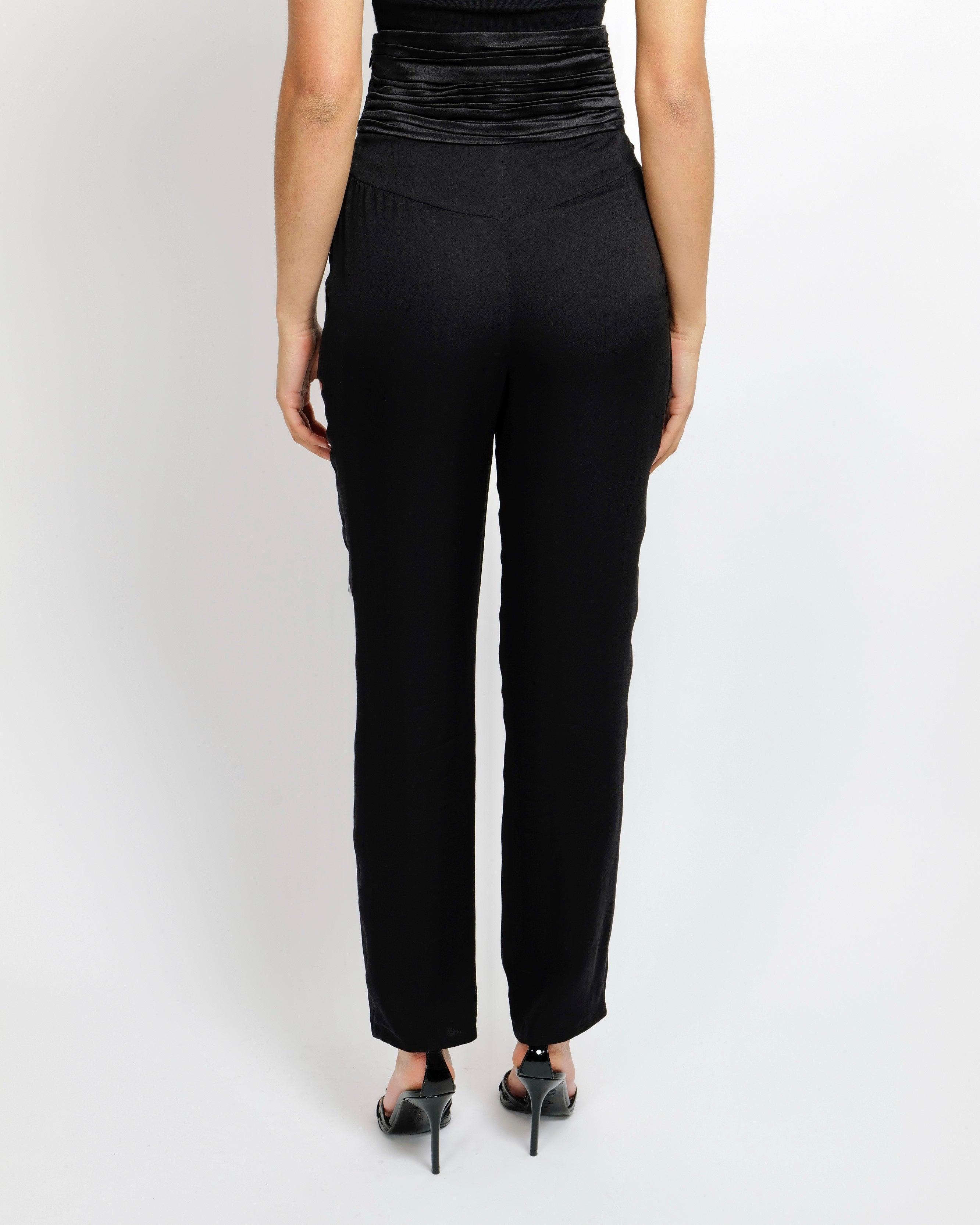 Chanel Black Silk Trousers with Pleated Waistband and Silver Crystal Button Detail Size FR 36 (UK 8)