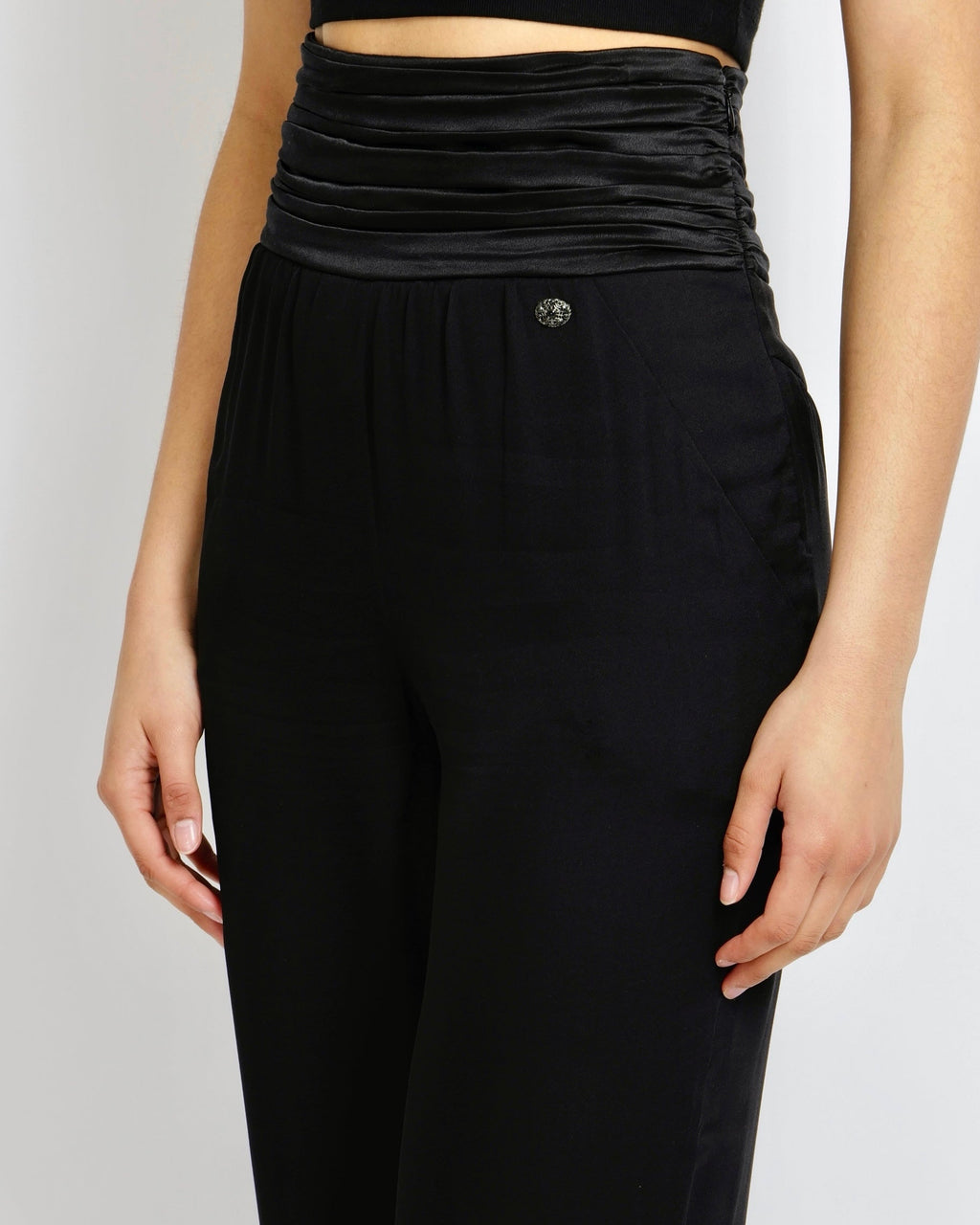 Chanel Black Silk Trousers with Pleated Waistband and Silver Crystal Button Detail Size FR 36 (UK 8)