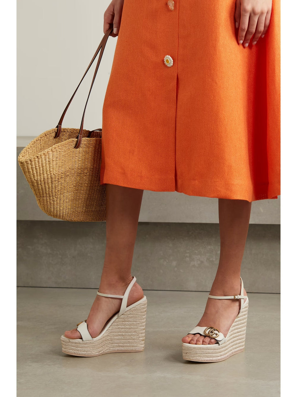 GUCCI AITANA LOGO EMBELLISHED LEATHER WEDGE HEEL ESPADRILLES