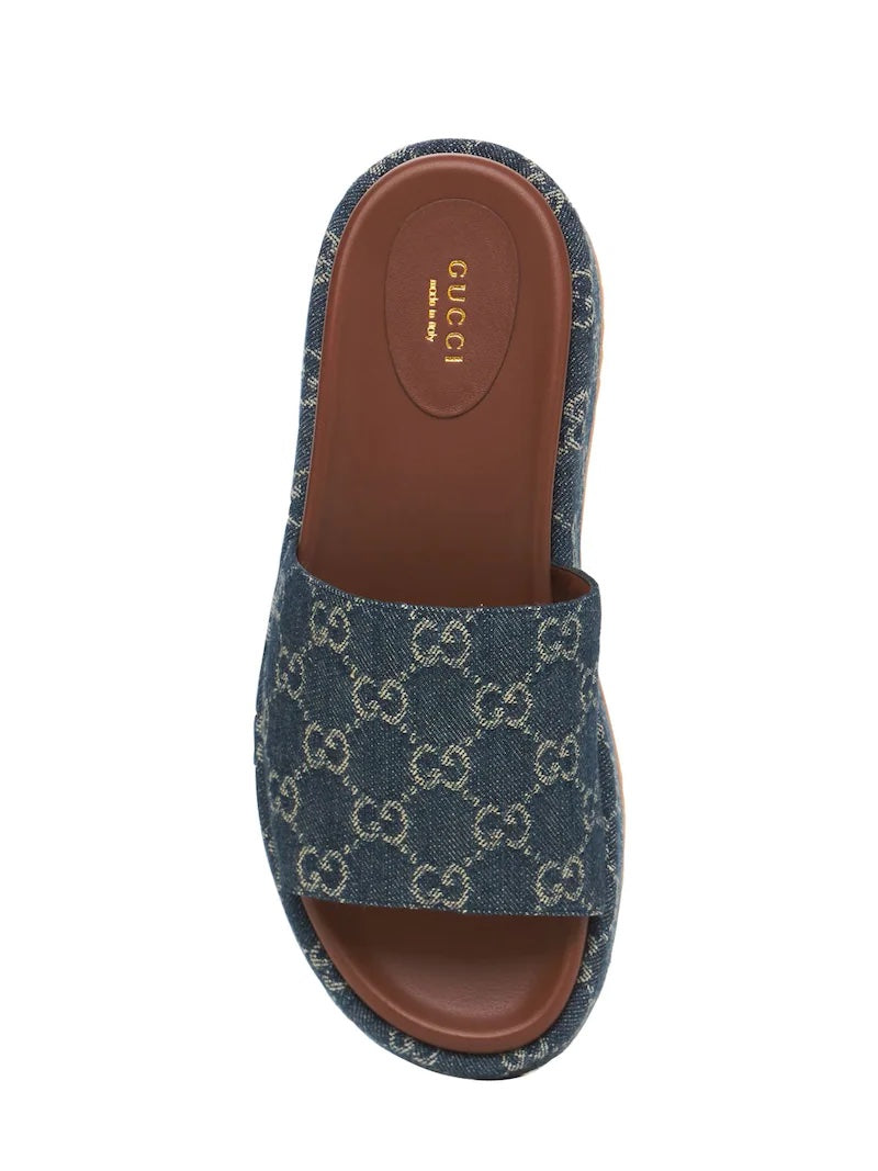 GUCCI ANGELINA GG JACQUARD DENIM PLATFORM SLIDES