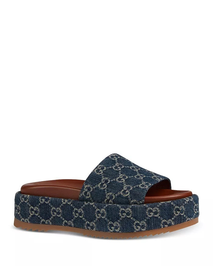 GUCCI ANGELINA GG JACQUARD DENIM PLATFORM SLIDES