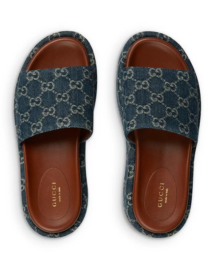 GUCCI ANGELINA GG JACQUARD DENIM PLATFORM SLIDES