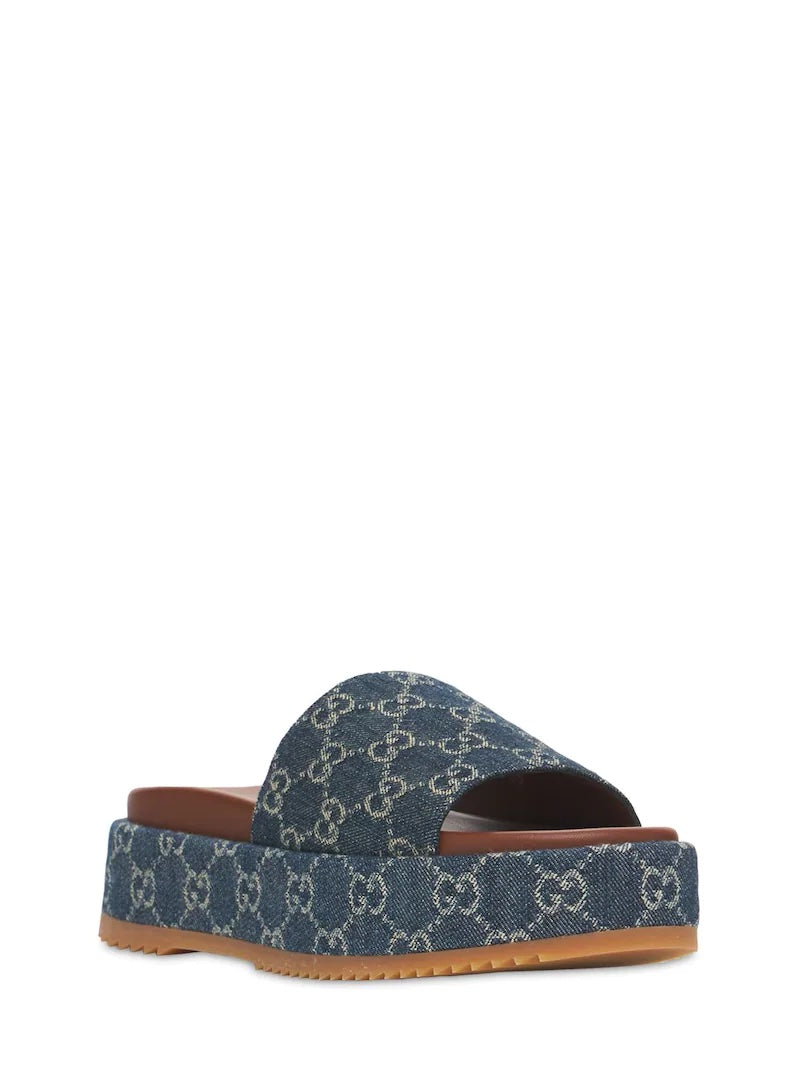 GUCCI ANGELINA GG JACQUARD DENIM PLATFORM SLIDES