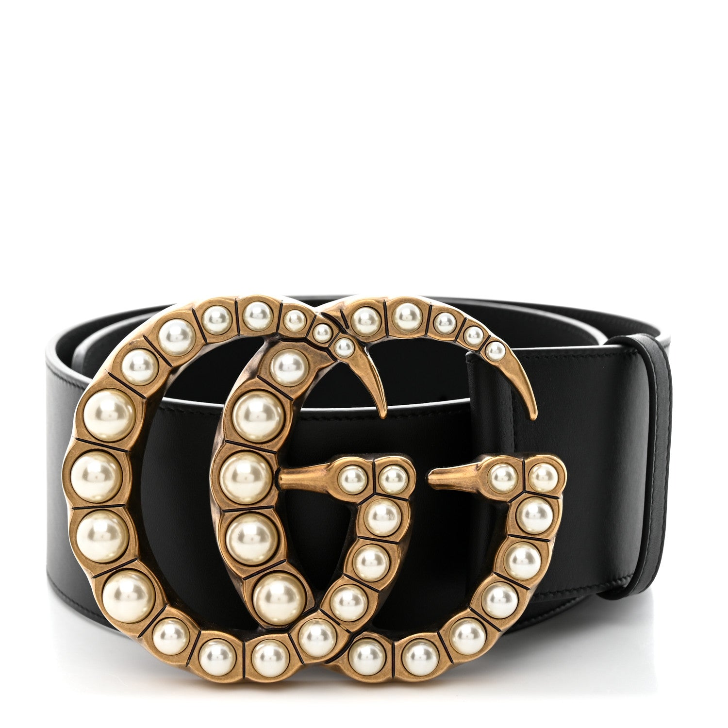 GUCCI GG FAUX PEARL EMBELLISHED LEATHER BELT