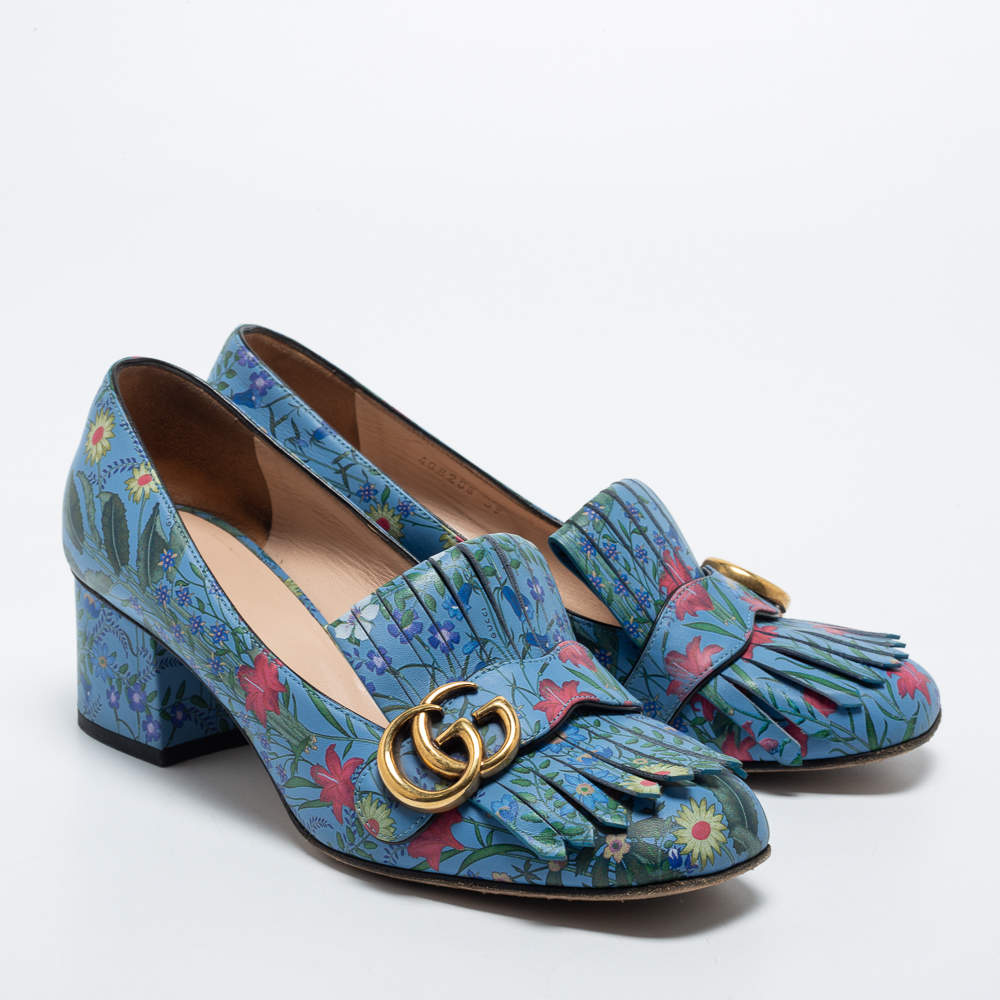 GUCCI GG MARMONT CALFSKIN FLORA FRINGE BLOCK HEEL PUMPS