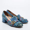GUCCI GG MARMONT CALFSKIN FLORA FRINGE BLOCK HEEL PUMPS