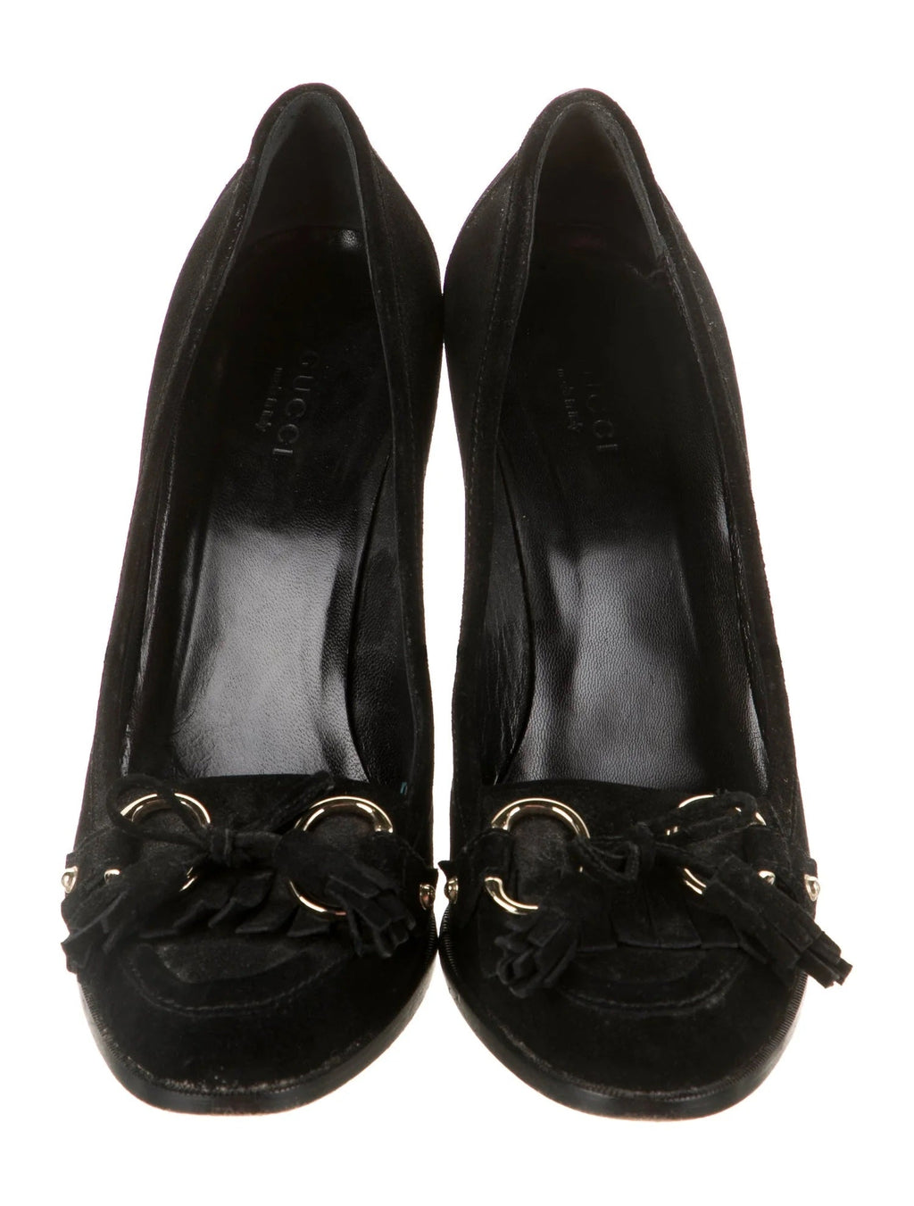 GUCCI SUEDE TASSELED FRINGE LOAFER PUMPS