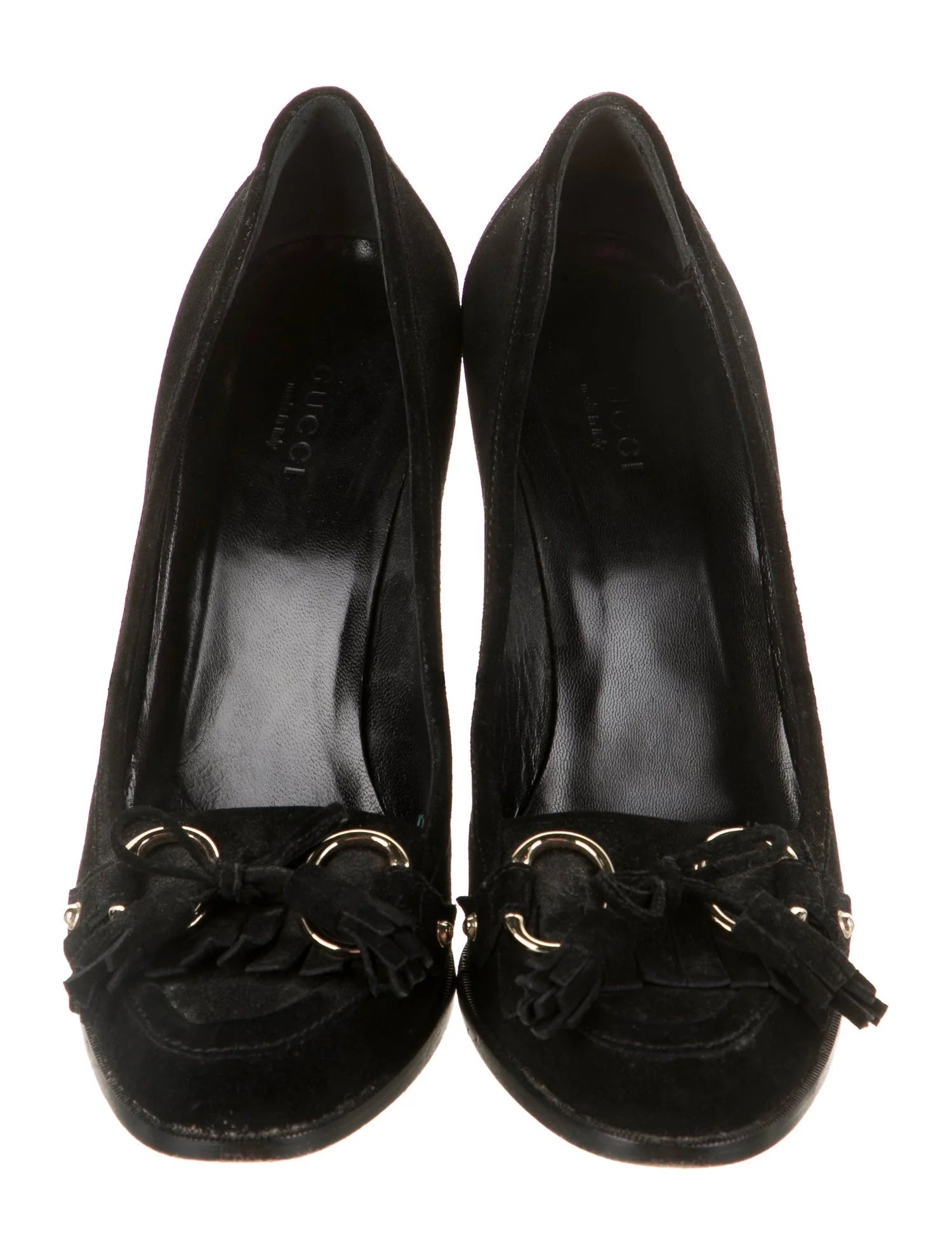 GUCCI SUEDE TASSELED FRINGE LOAFER PUMPS