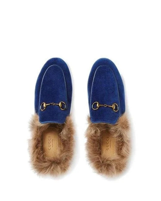 GUCCI BLUE VELVET & FUR PRINCETOWN MULES