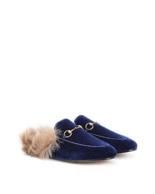 GUCCI BLUE VELVET & FUR PRINCETOWN MULES