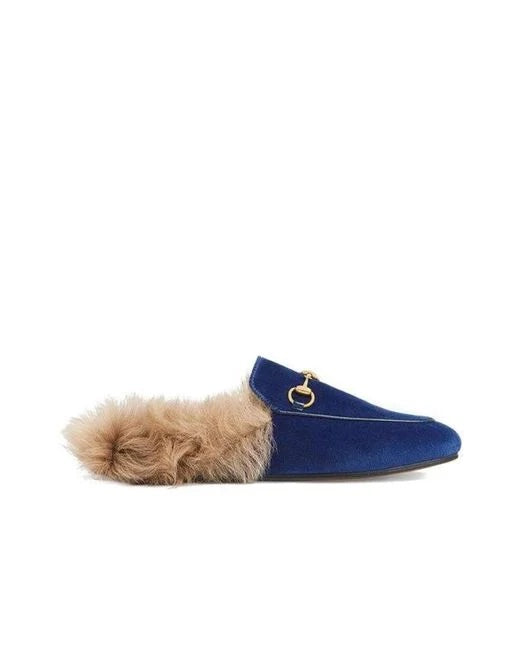 GUCCI BLUE VELVET & FUR PRINCETOWN MULES