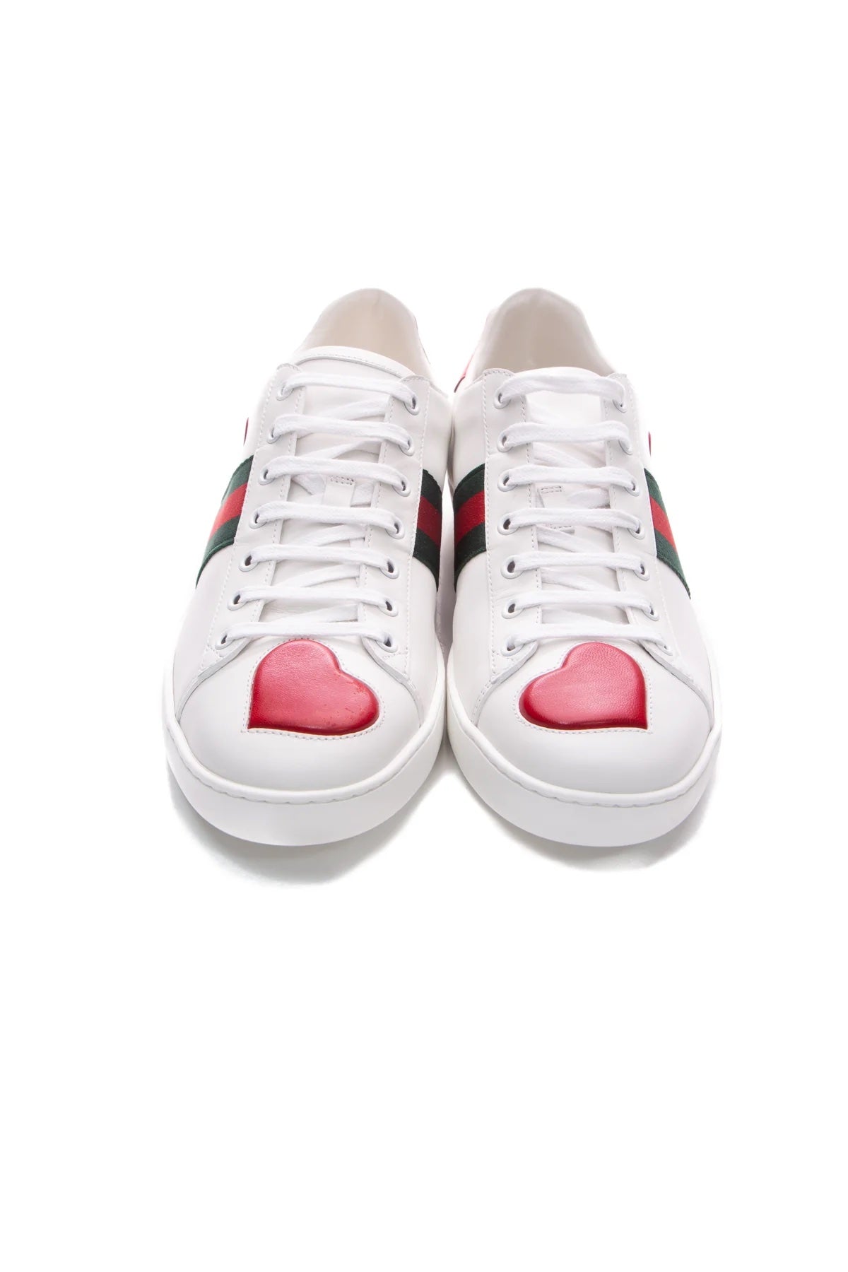GUCCI CALFSKIN WEB HEART EMBROIDERED ACE SNEAKERS