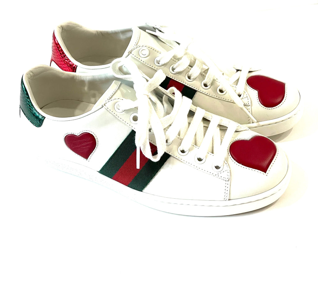 GUCCI CALFSKIN WEB HEART EMBROIDERED ACE SNEAKERS