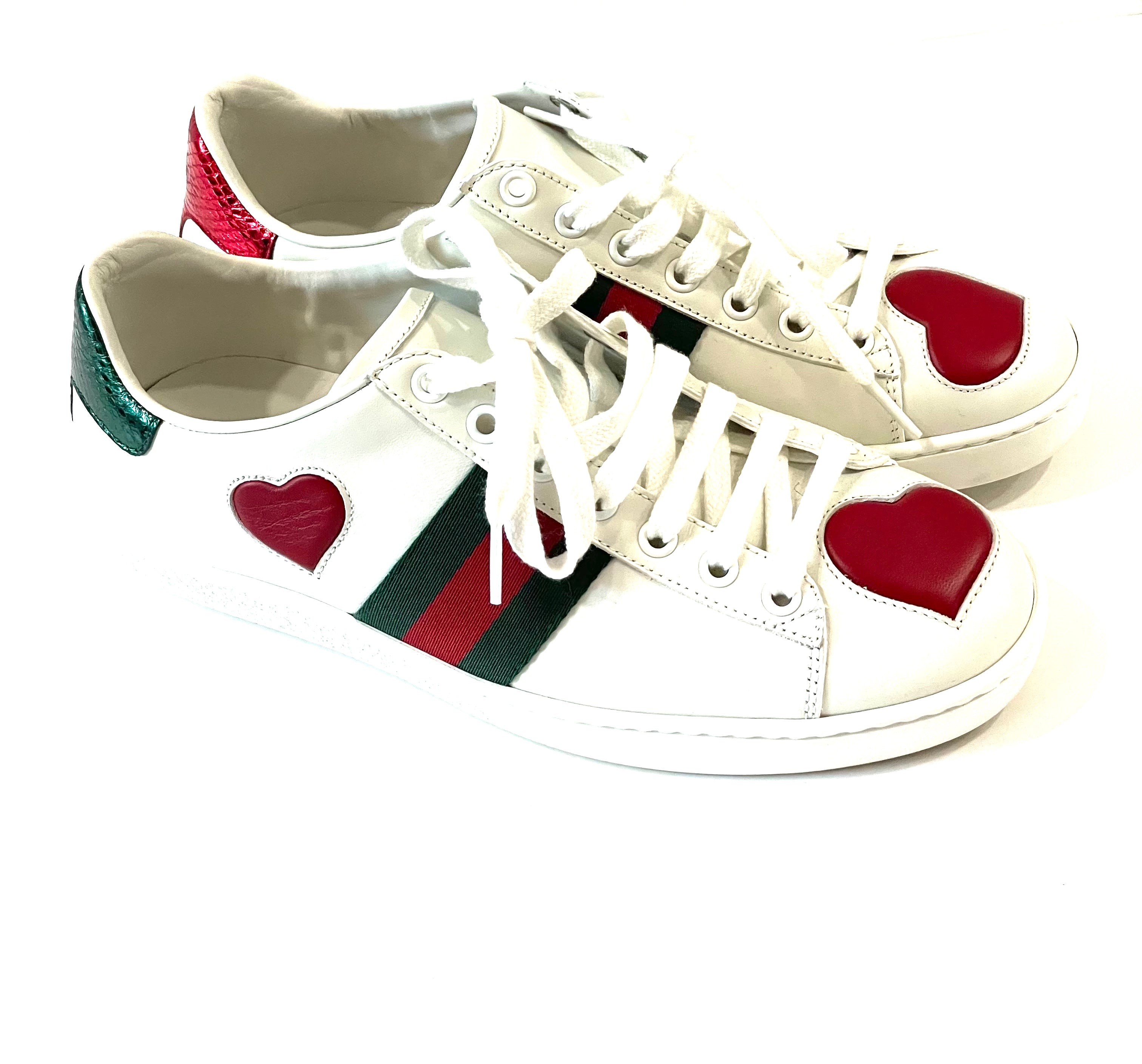 GUCCI CALFSKIN WEB HEART EMBROIDERED ACE SNEAKERS