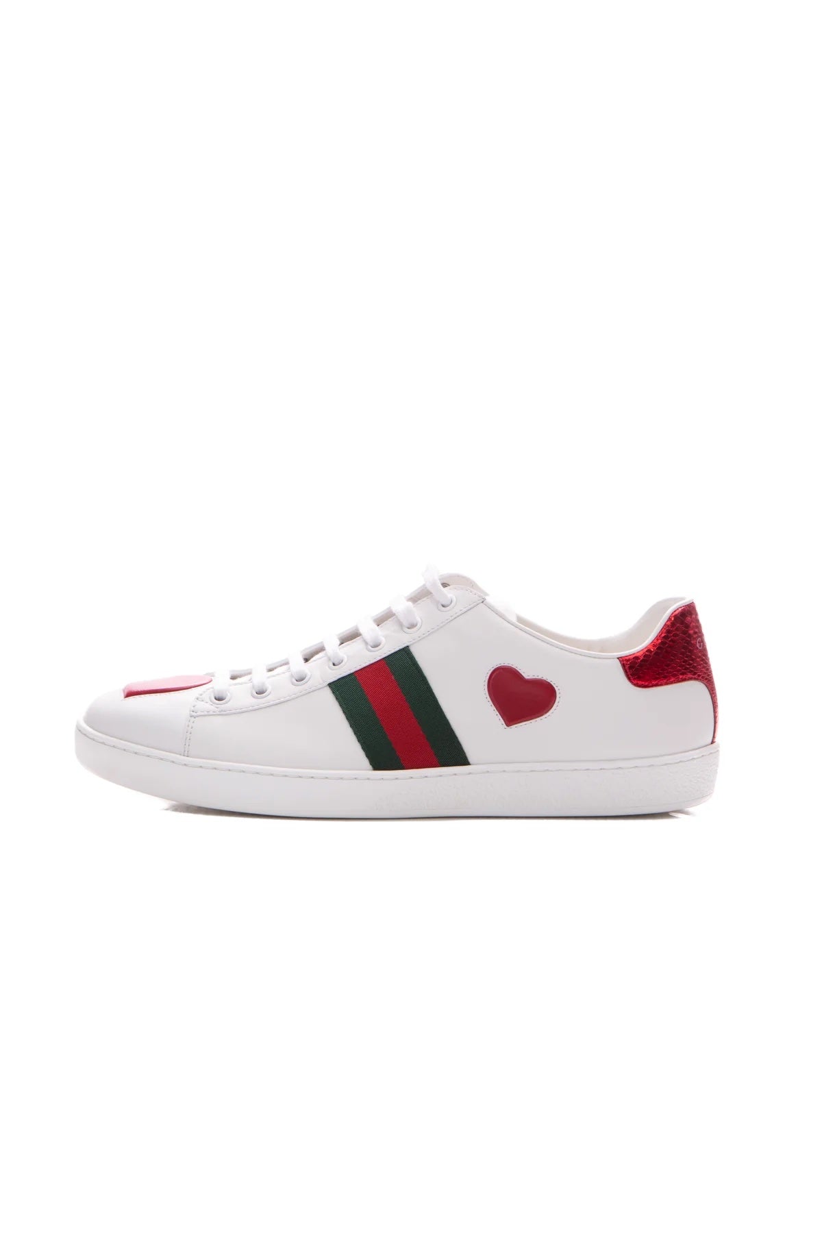 GUCCI CALFSKIN WEB HEART EMBROIDERED ACE SNEAKERS