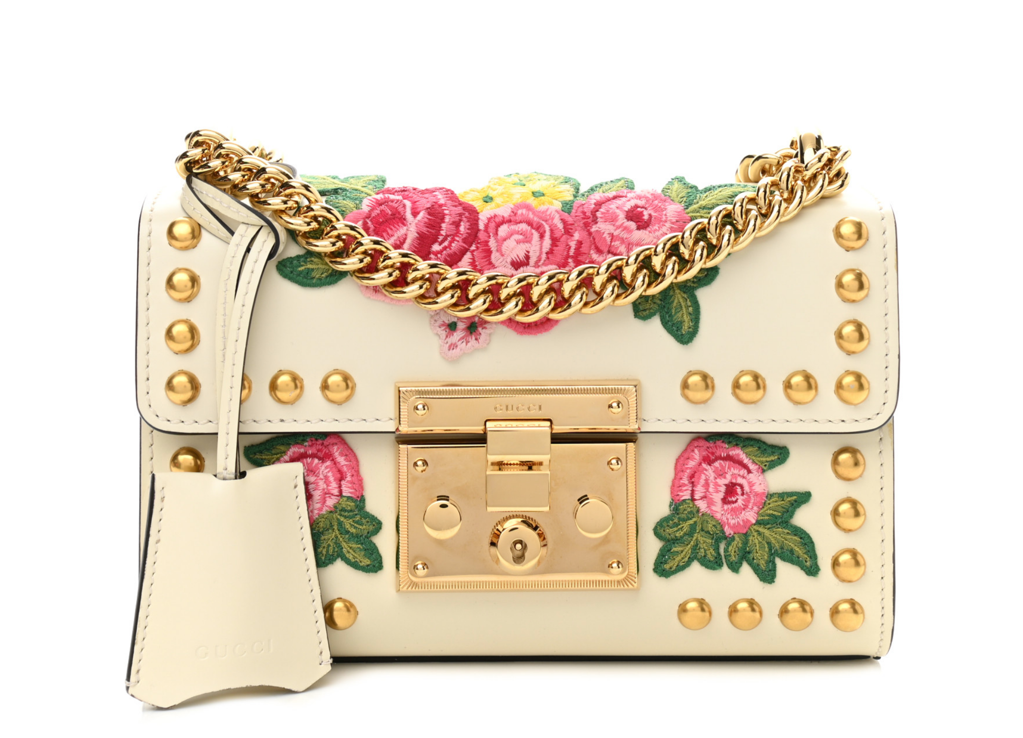 GUCCI CALFSKIN FLORAL EMBROIDERED SMALL PADLOCK SHOULDER BAG
