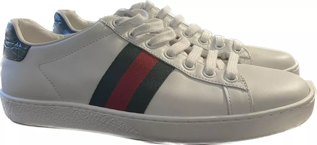 GUCCI CALFSKIN LEATHER CROC ACCENT ACE SNEAKERS