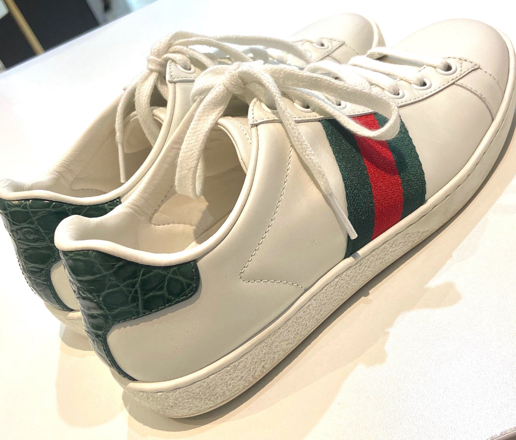 GUCCI CALFSKIN LEATHER CROC ACCENT ACE SNEAKERS